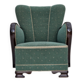 Fauteuil danois des années 1960, en laine de mobilier vert et beige.