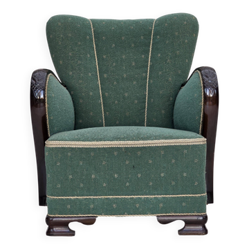 Fauteuil danois des années 1960, en laine de mobilier vert et beige.