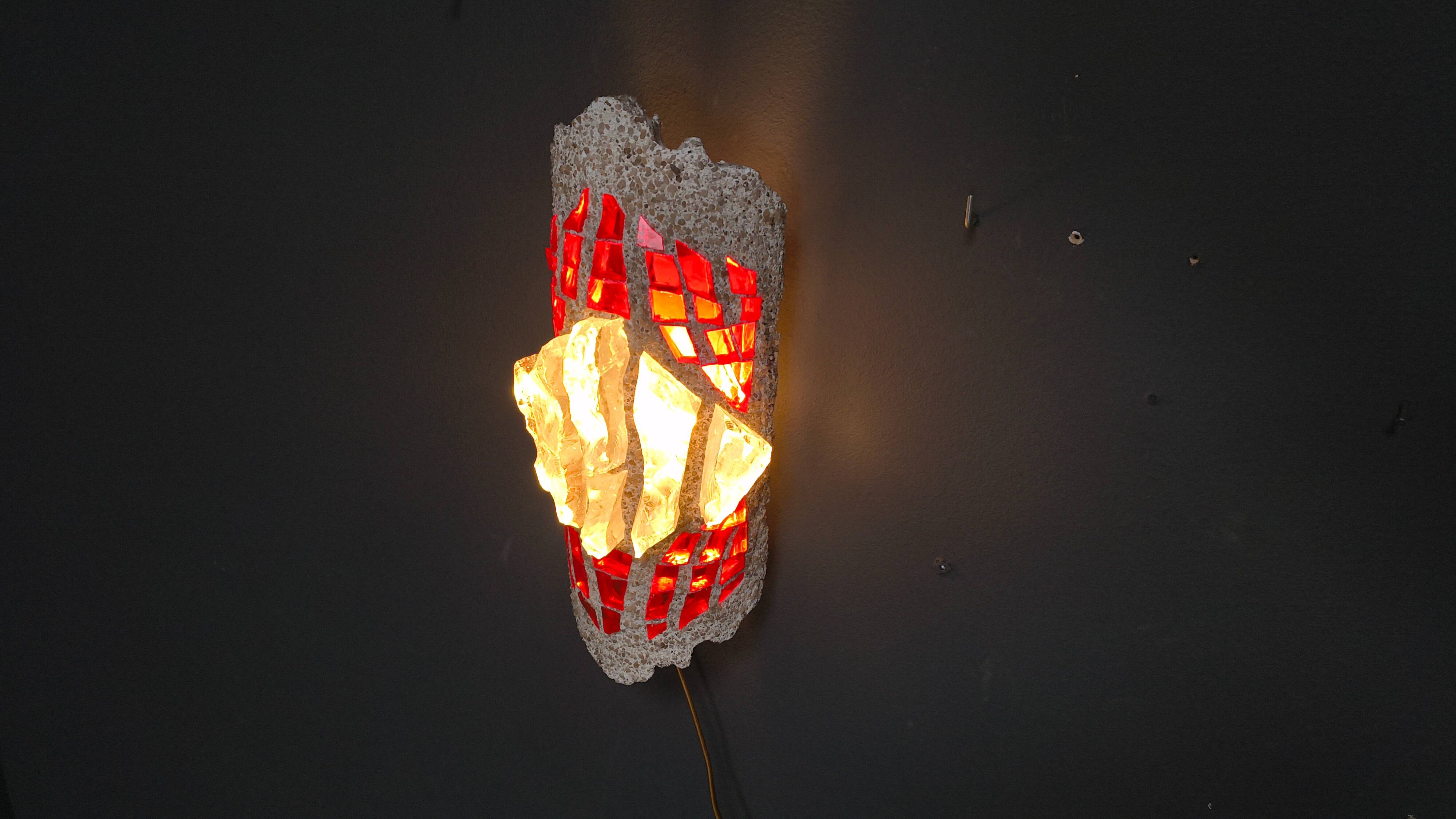 Brutalist cement and glass wall lamp, 1960s