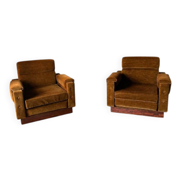 Pair of vintage velvet and rosewood armchairs