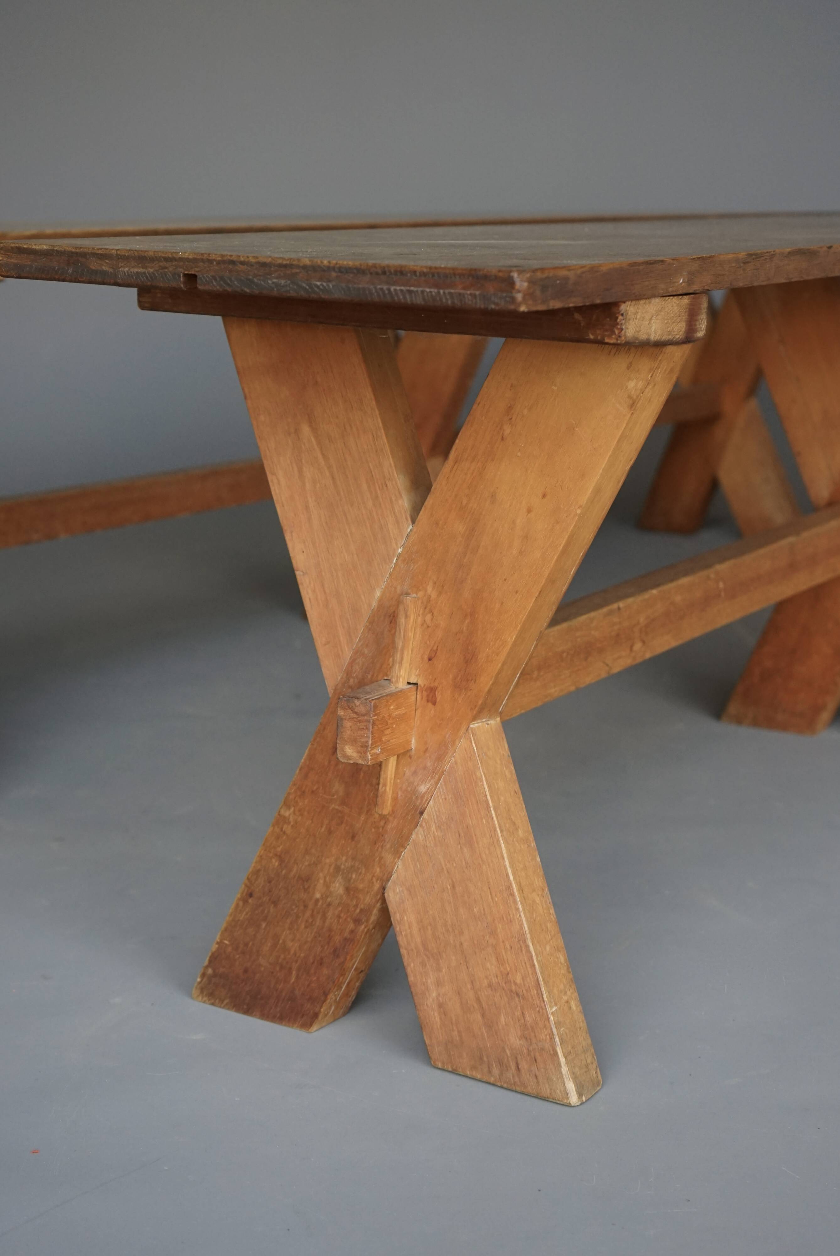 Pair of rustic cherry & oak wood Farmhouse X-frame benches, 1940s
