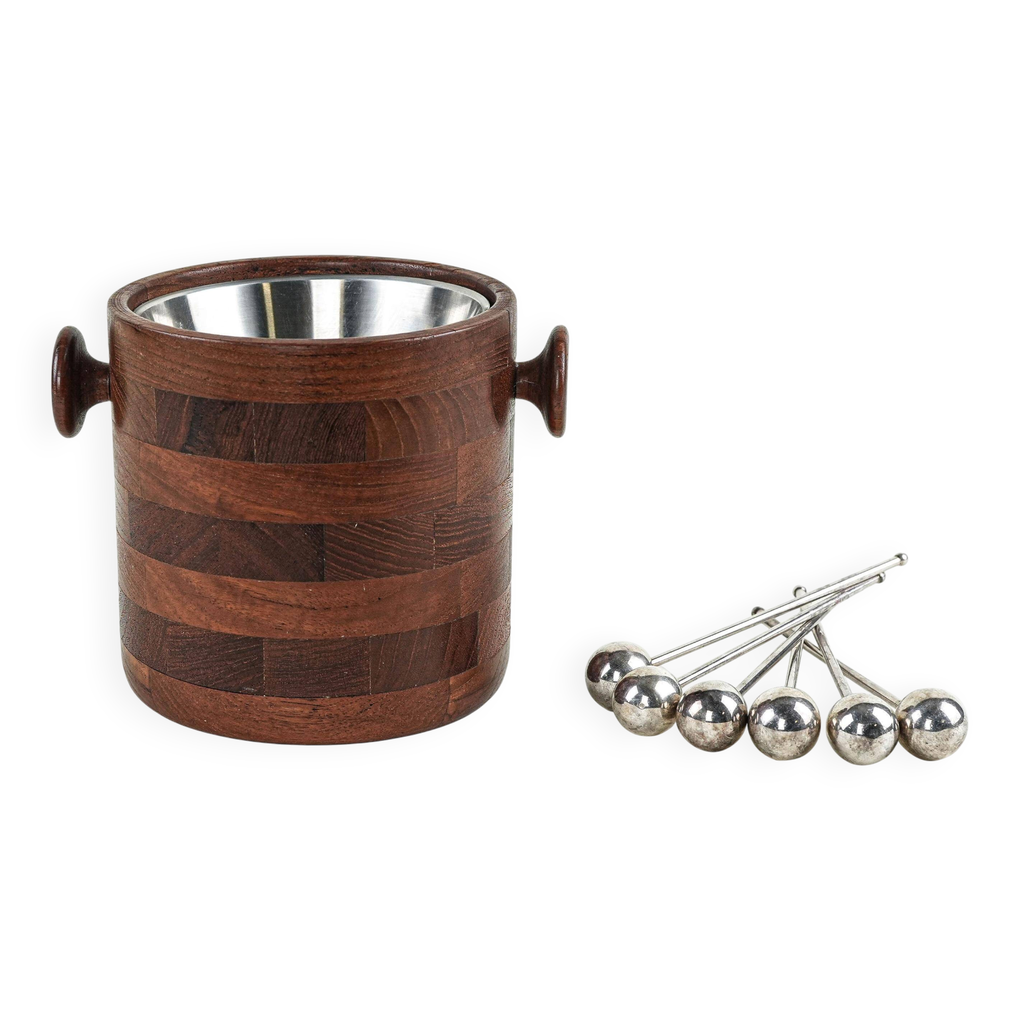 Danish teak and steel ice bucket, 1970s, Scandinavian Modern barware
