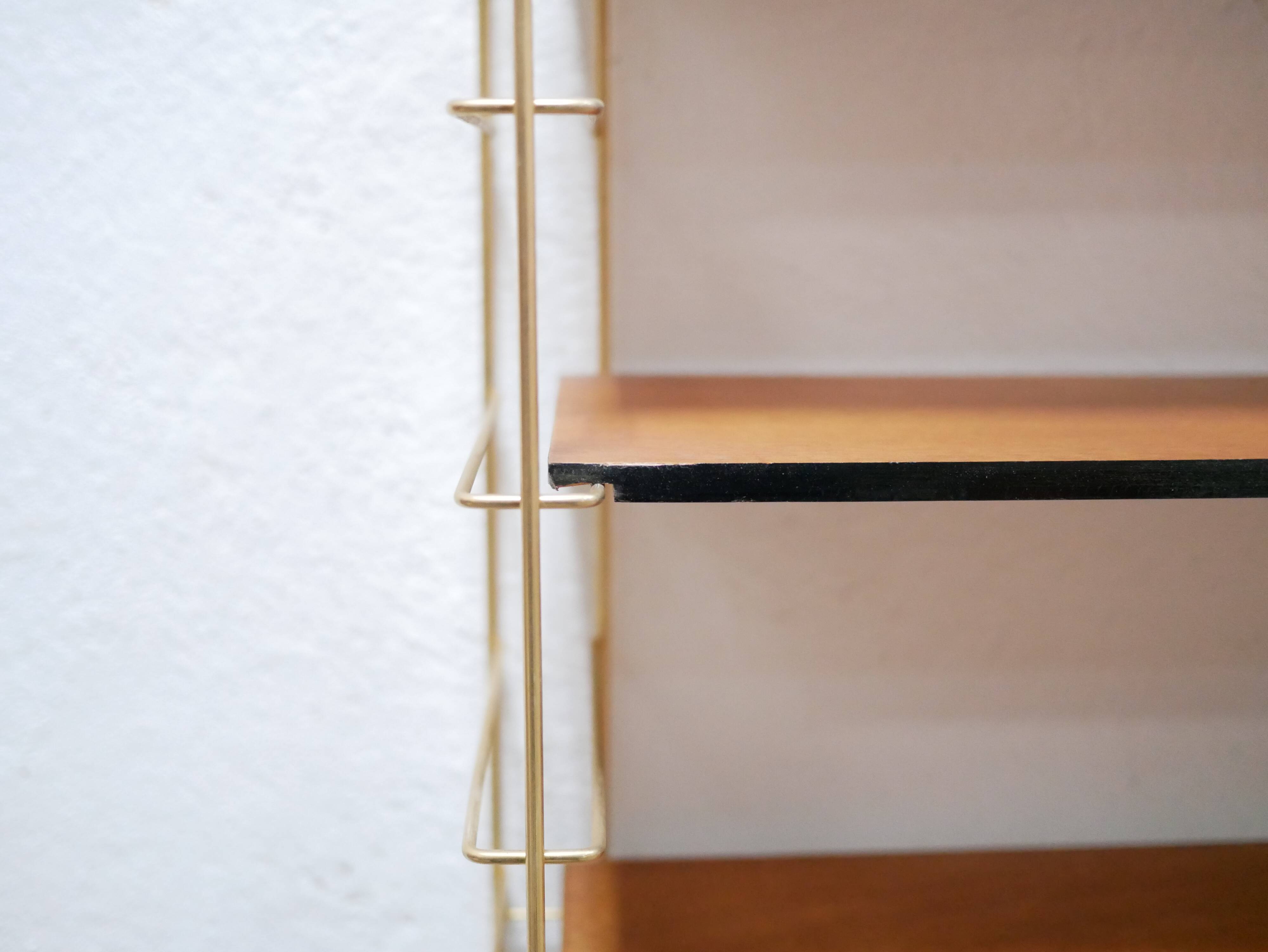 Vintage modular wall shelf in brass and wood