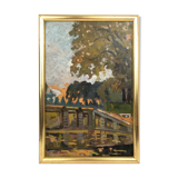 Oil on panel "Park of the Palace of Versailles" signed R. Chartier, late 19th century.