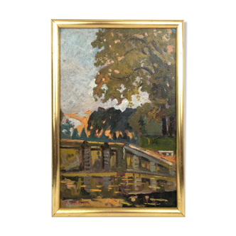 Oil on panel "Park of the Palace of Versailles" signed R. Chartier, late 19th century.