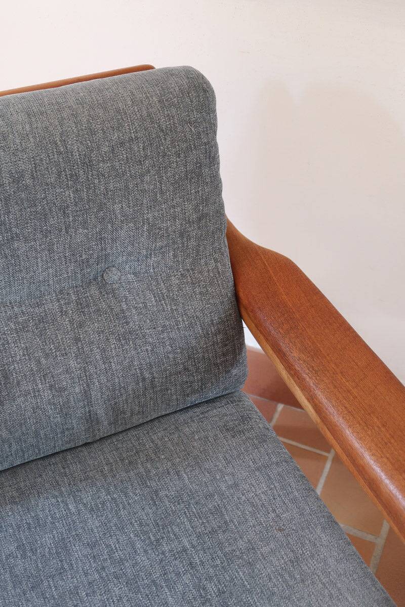 Scandinavian armchair in teak Komfor, blue-grey fabric, 1960s, sled base (2 available)