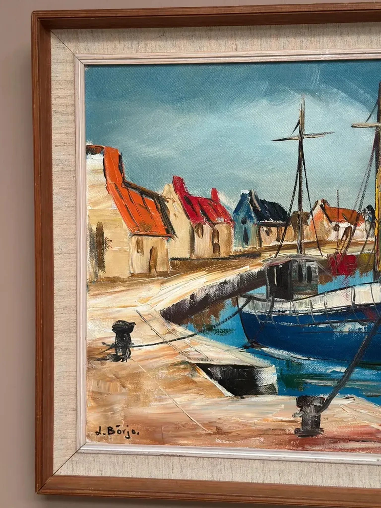 Original Swedish Oil on Canvas – “Boats” by Lennart Börje – Signed – Vintage & Framed 88.5 cm x 48.5 cm (34.8" × 19")