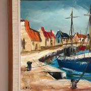 Original Swedish Oil on Canvas – “Boats” by Lennart Börje – Signed – Vintage & Framed 88.5 cm x 48.5 cm (34.8" × 19")