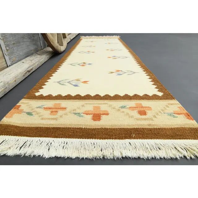 1970s Turkish Oushak Handmade Wool Cotton Beige Runner 71x283