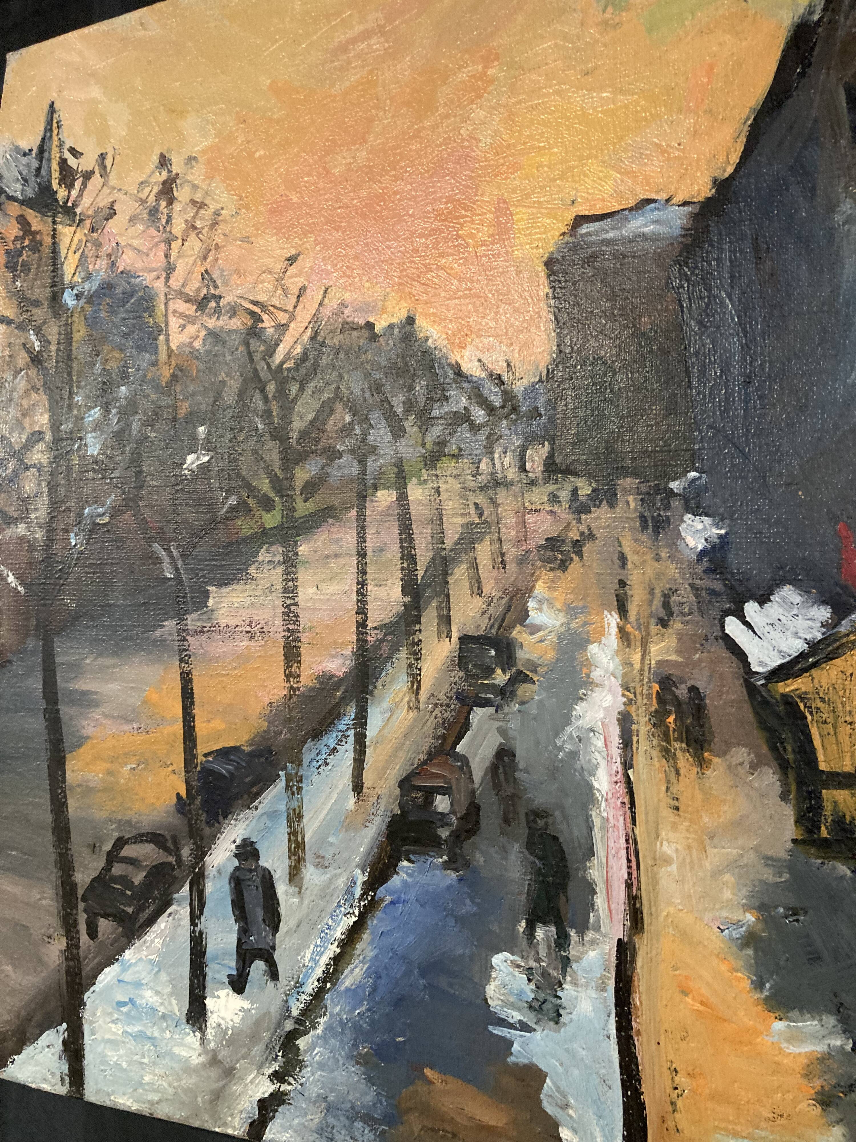 Geneviève chapront, snow boulevard saint-germain, signed oil on canvas