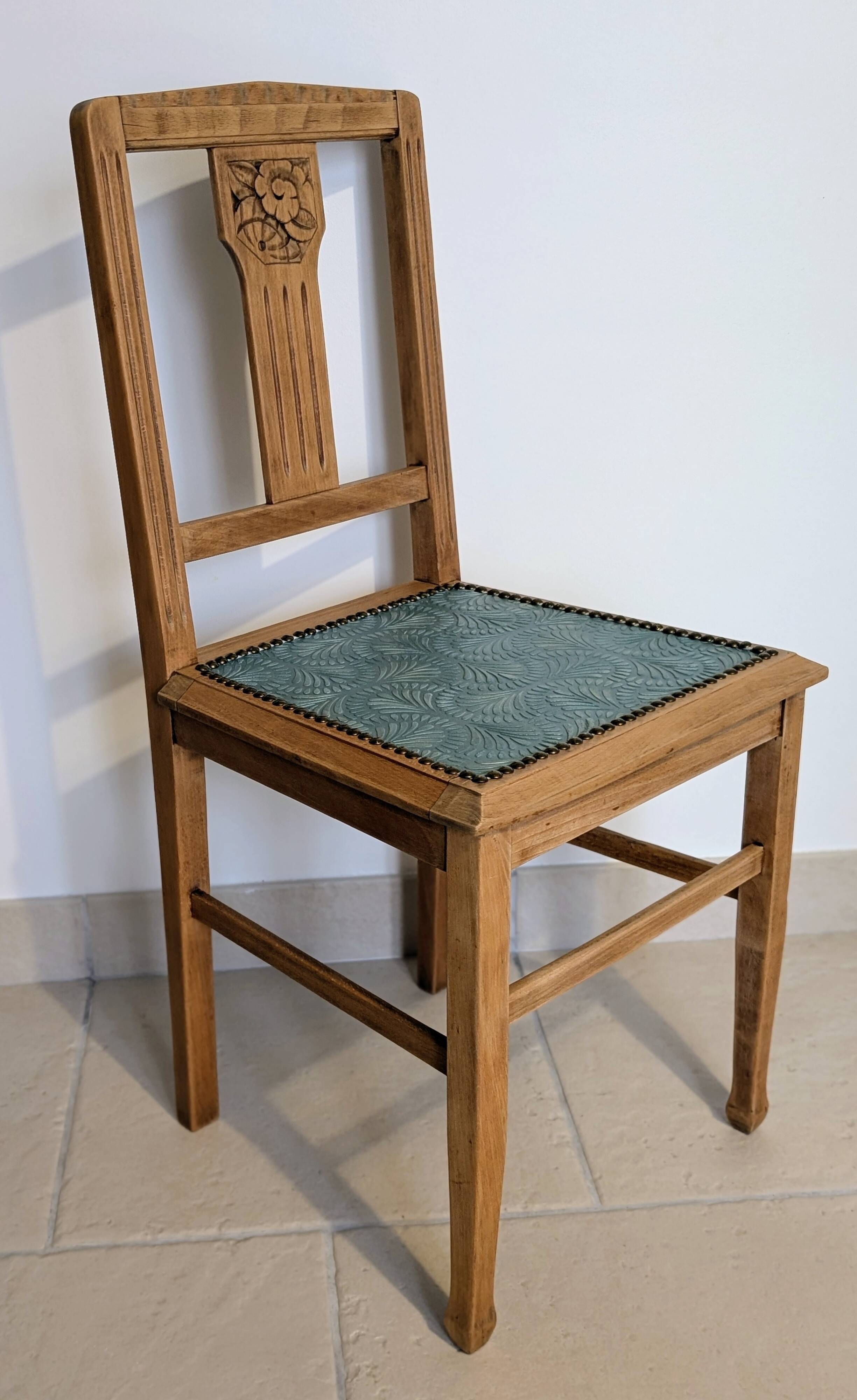 Revisited antique chair in solid wood with a sage green seat.