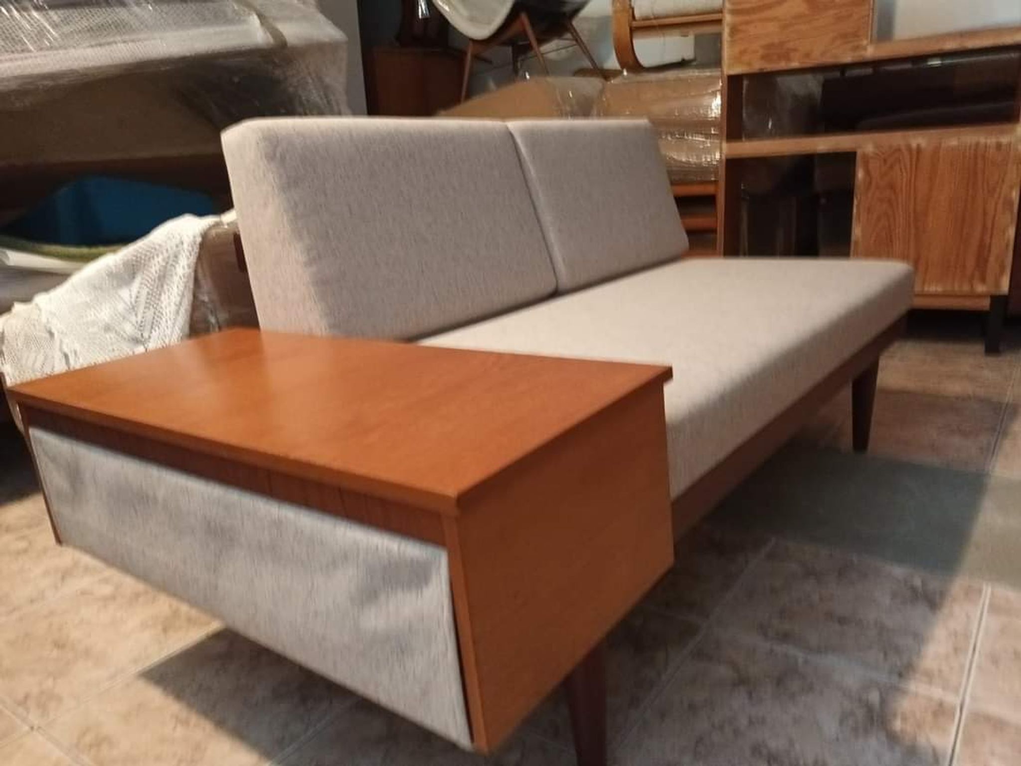 Norwegian daybed sofa in teak and blue fabric, renovated, vintage scandinavian 1960s