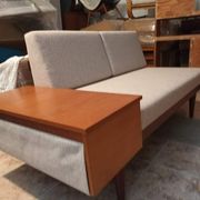 Norwegian daybed sofa in teak and blue fabric, renovated, vintage scandinavian 1960s