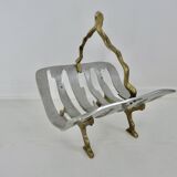 Porte buches de cheminée moderniste, laiton et aluminium, 1970