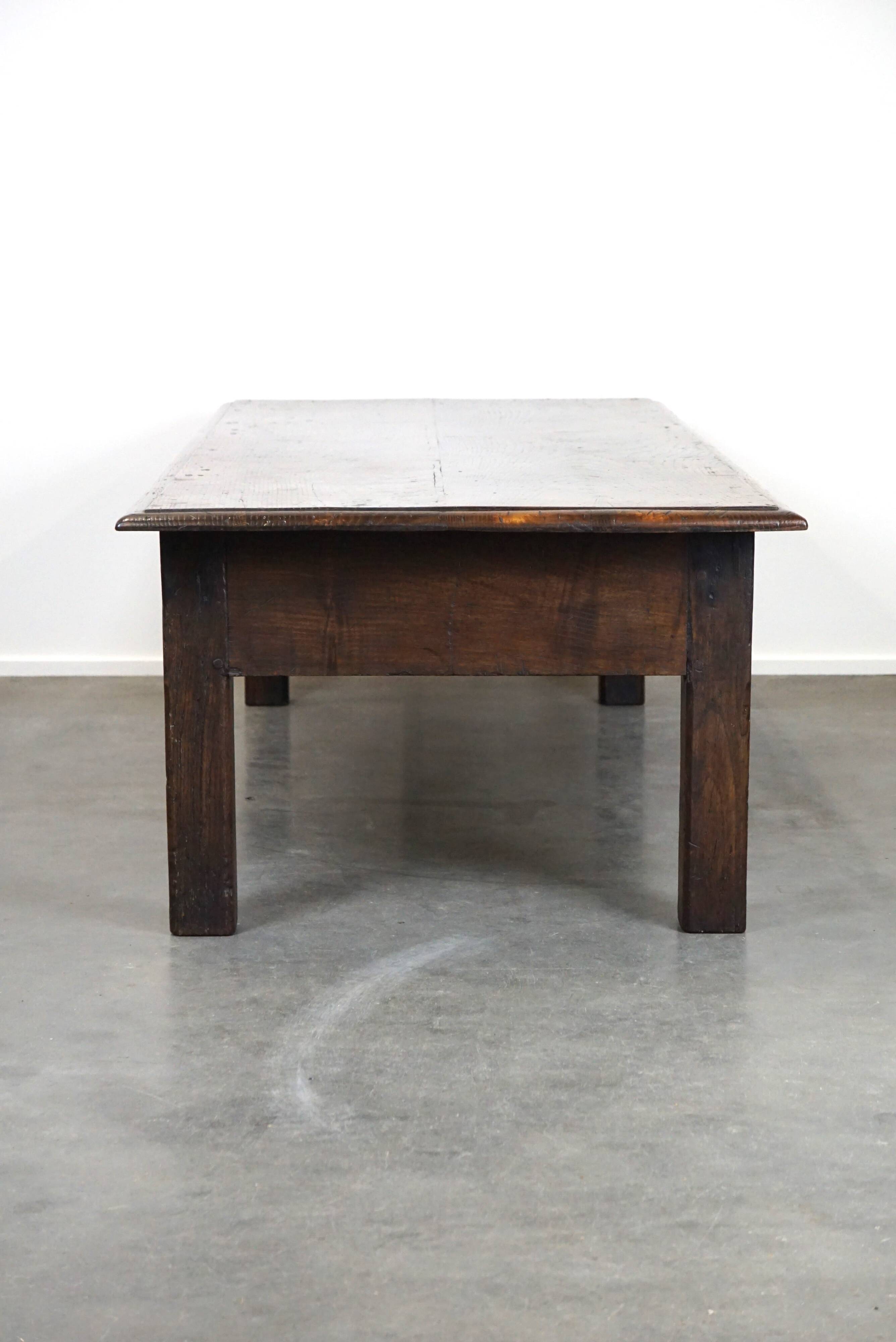 Large antique dark oak coffee table with one drawer