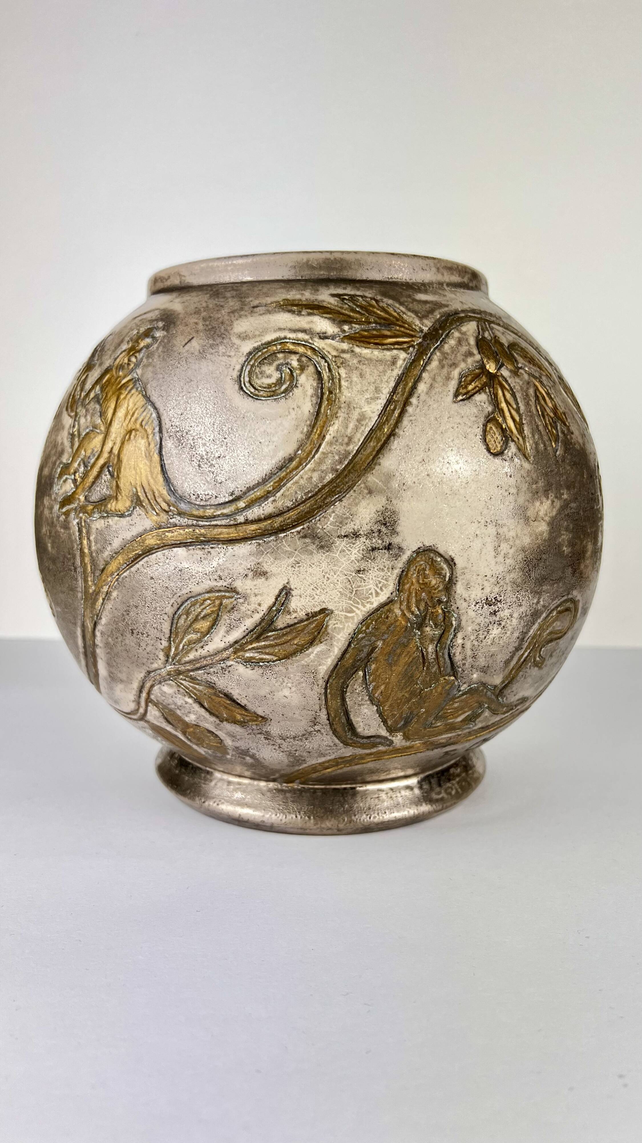 Art Nouveau monkey and plant vase E.Chapelle