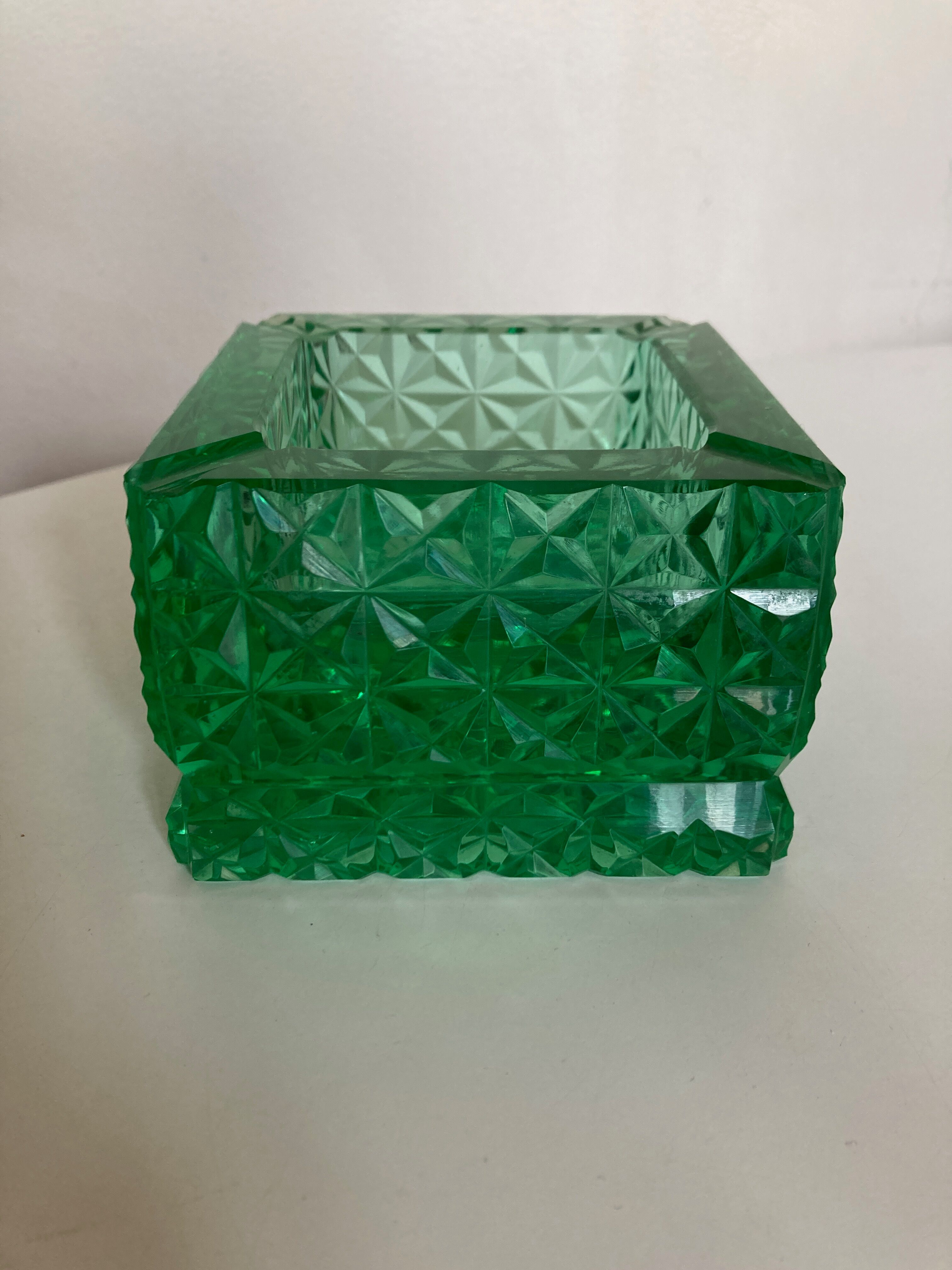 Green diamond cut glass ashtray 1980