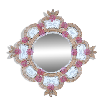 Miroir mural en verre de Murano rose vintage exceptionnel
