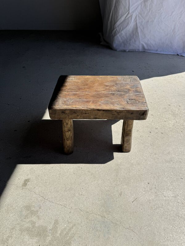Petit stool, tabouret d'appoint en teck massif rectangulaire wabi-sabi H25