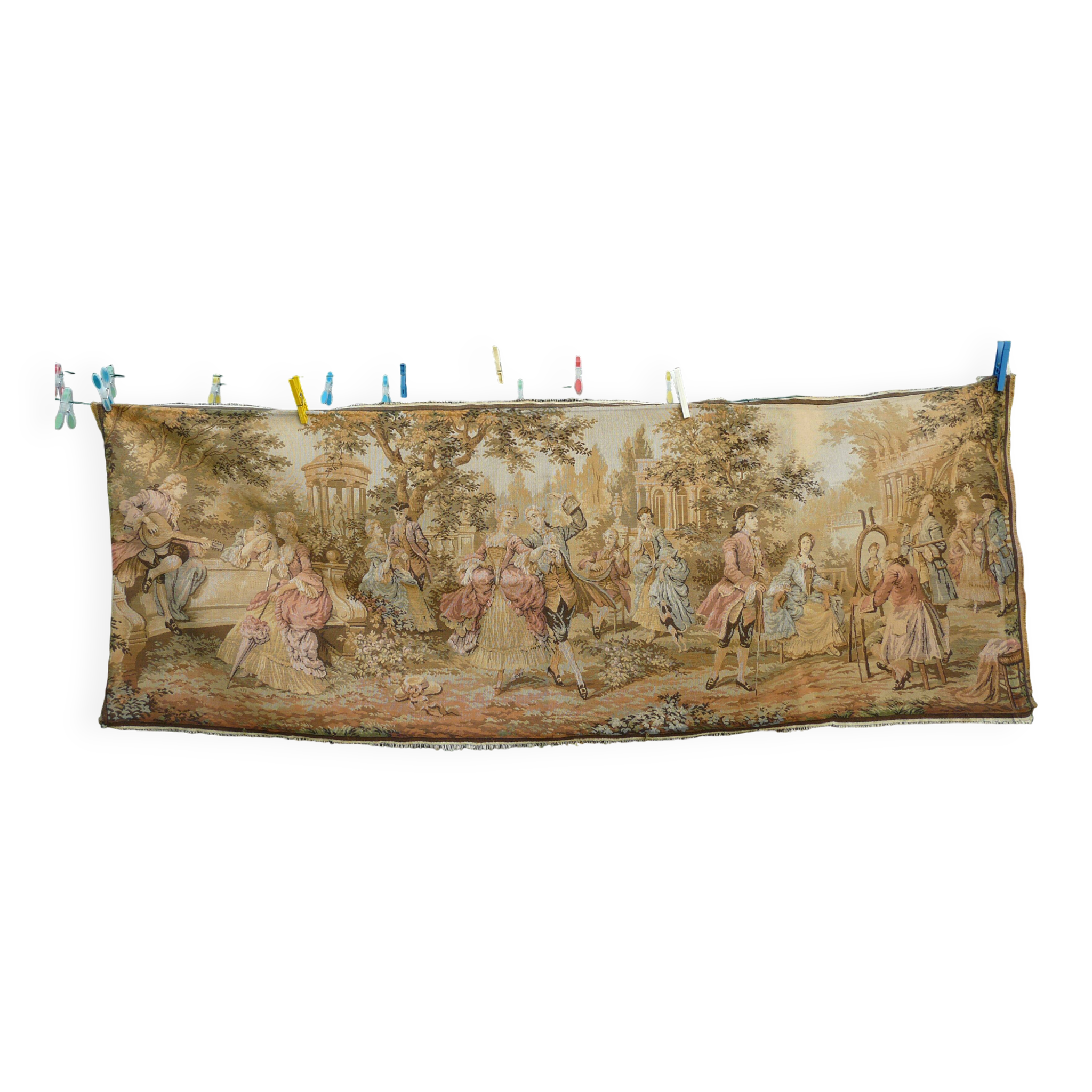 Tapestry wall hanging depicting a gallant scene from the mid-century.
