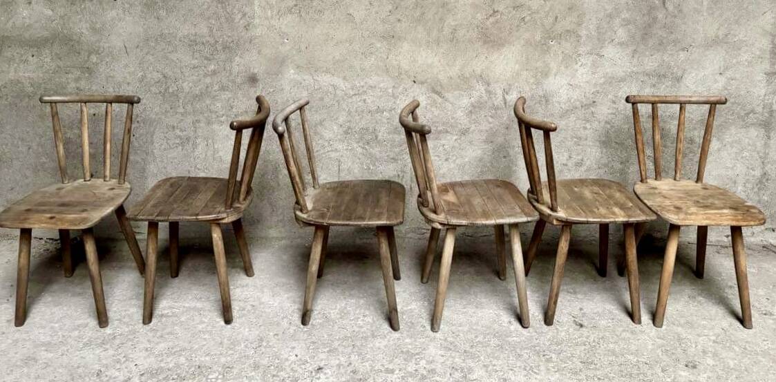 Series Set of 6 old rustic Western bistro chairs in original patina wood