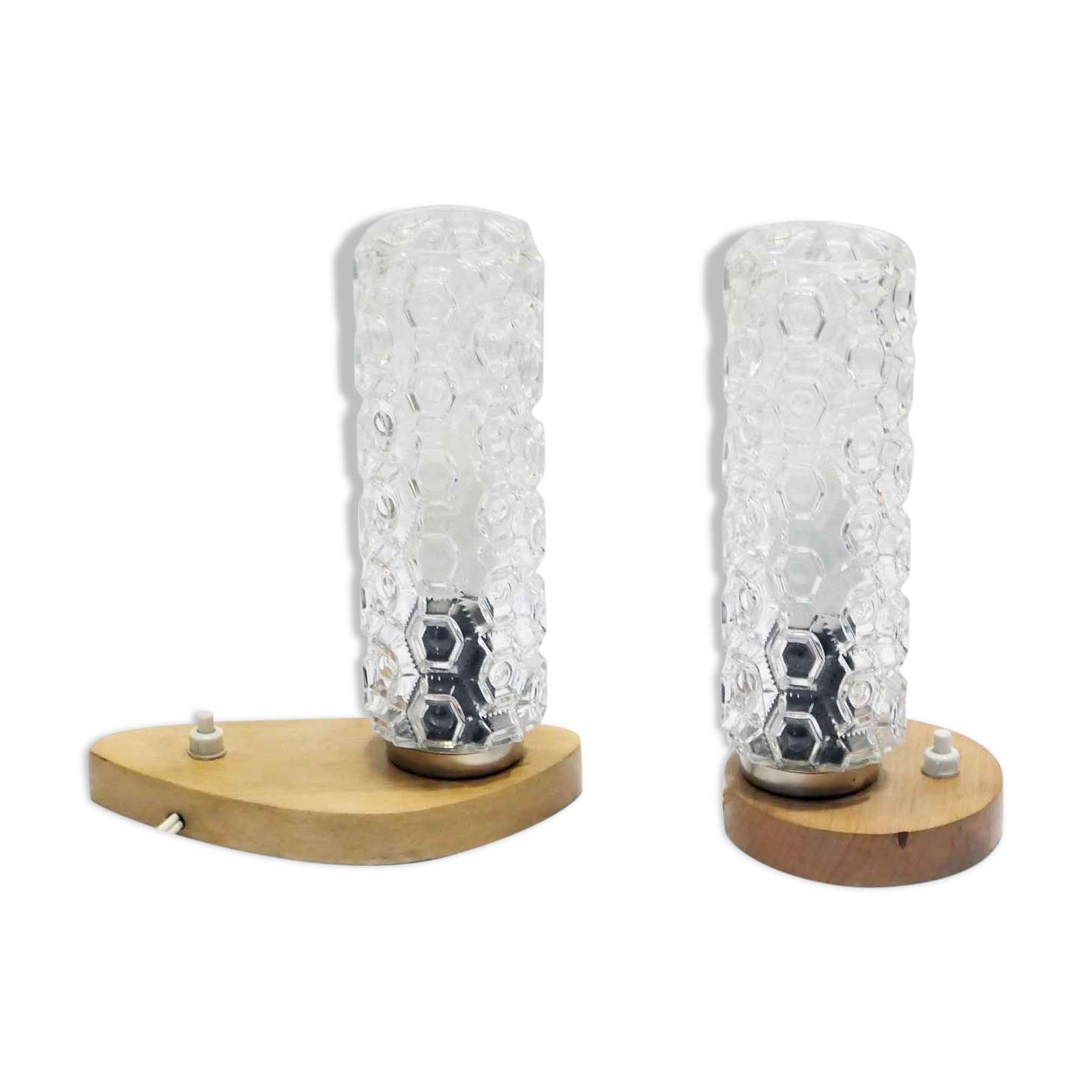 Pair of matching bedsides in light wood and 1960s glass