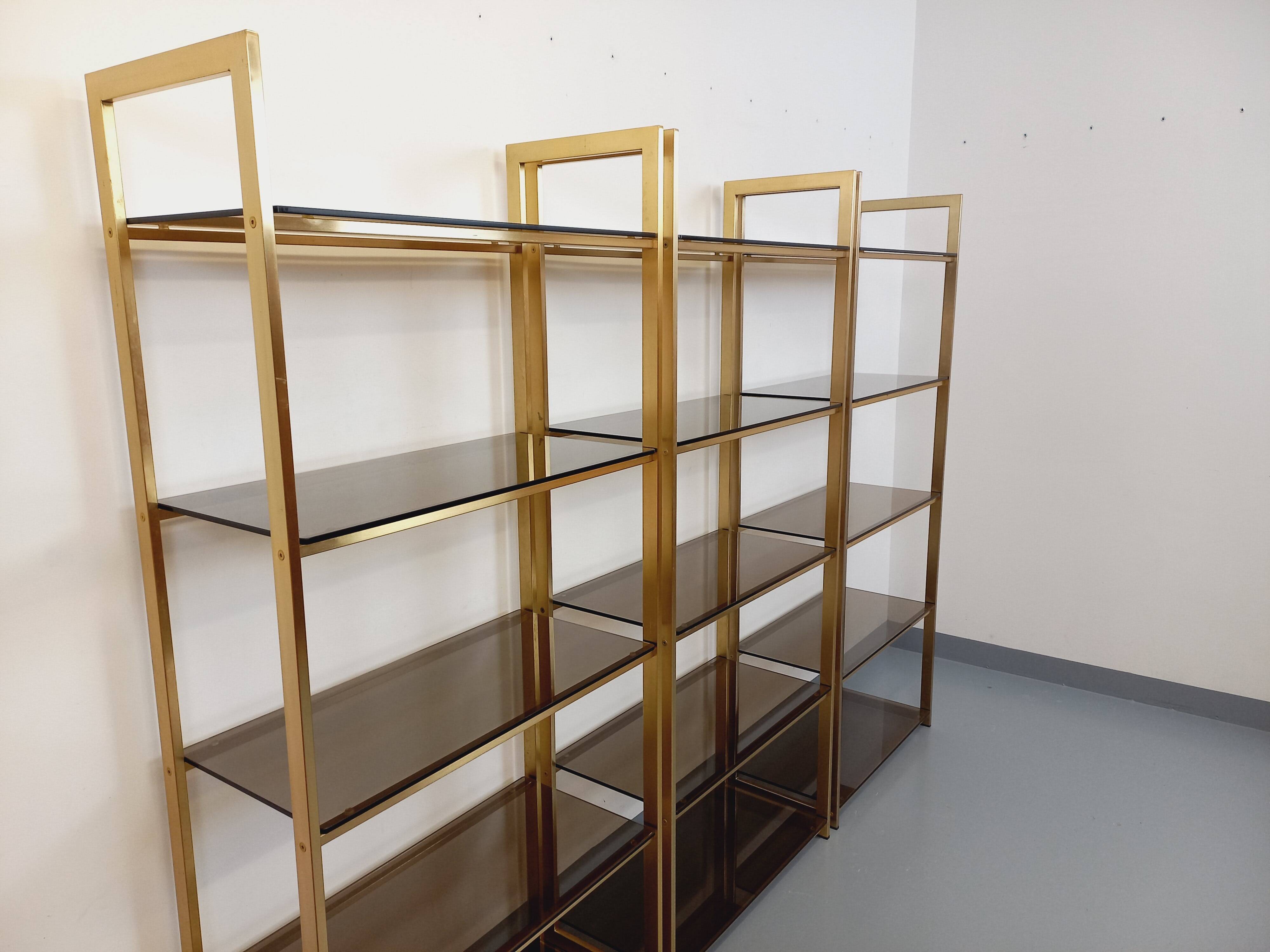 Artelano vintage bookcase shelves in gold metal smoked glass from the 70s