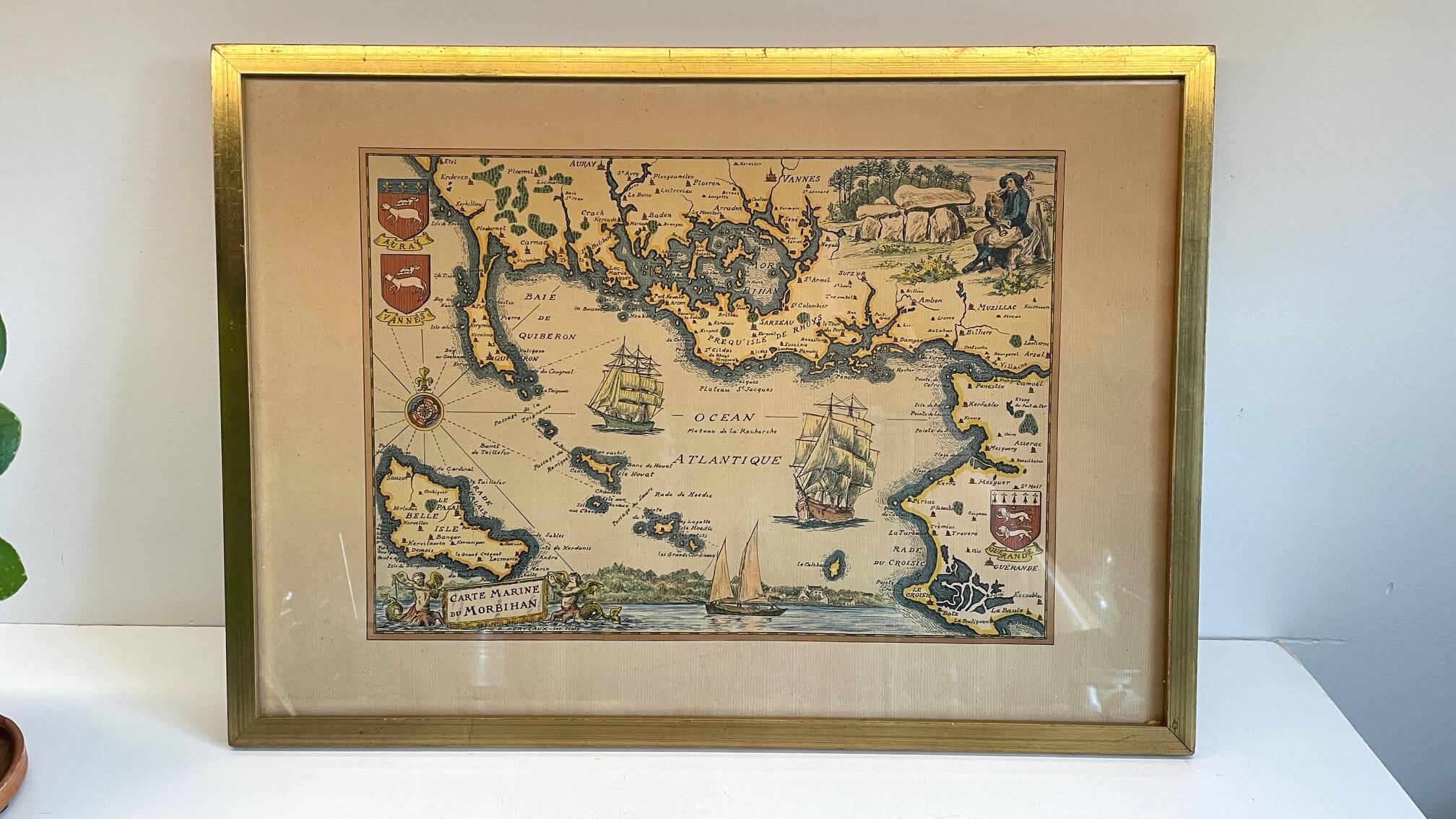 Vintage Atlantic Ocean Marine Map Gold Leaf Frame
