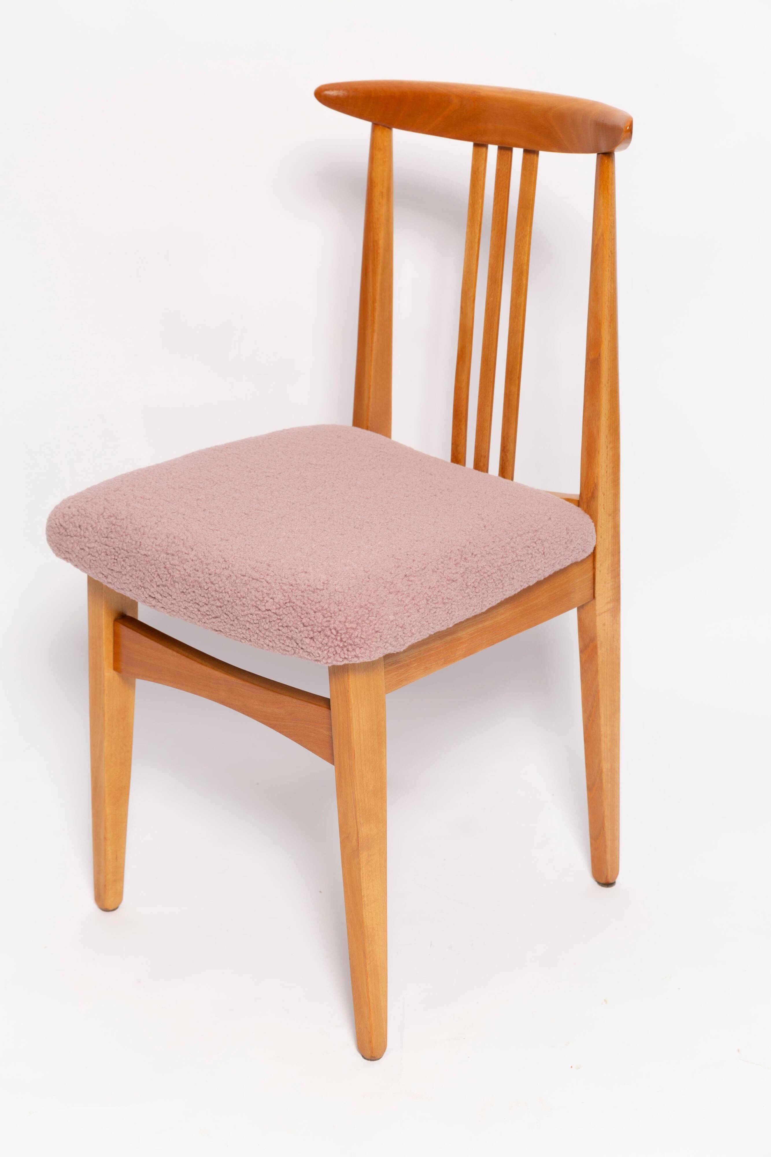 Blush pink bouclé chair mid-century in light wood by M. Zielinski, Europe, 1960s
