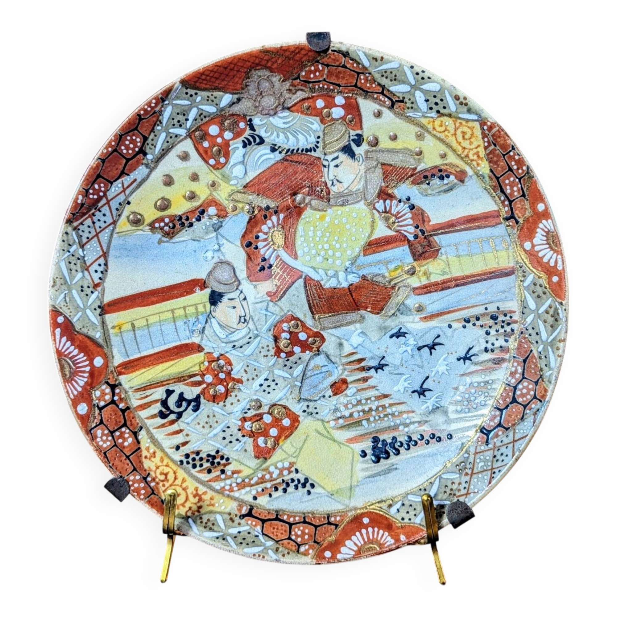 Antique Japanese Satsuma plate with red and gold decoration and figures