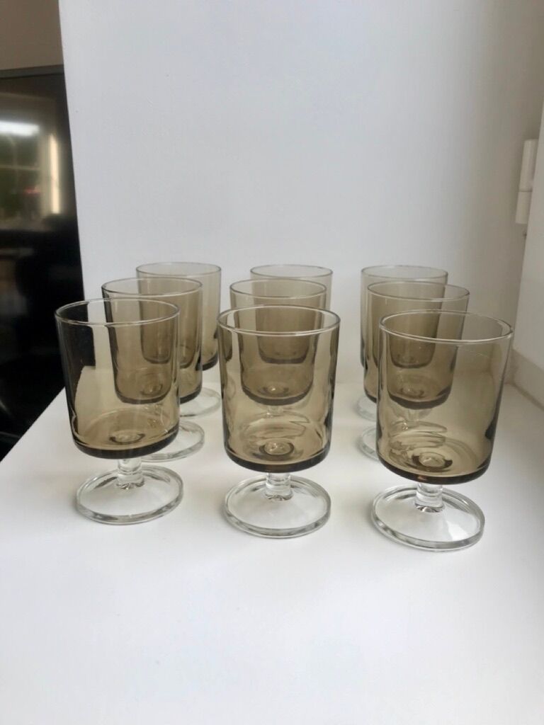 Set of 8 70s smoked glass wine glasses