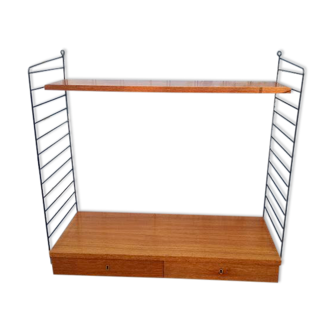 Vintage modular shelf and drawers in teak veneer and black metal, Nisse Strinning, 60s