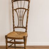 Antique chair in turned wood with straw seat – Carved lyre backrest