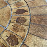 Roger Capron brown-ochre ceramic tile coffee table with wooden base, oval leaf-motif top