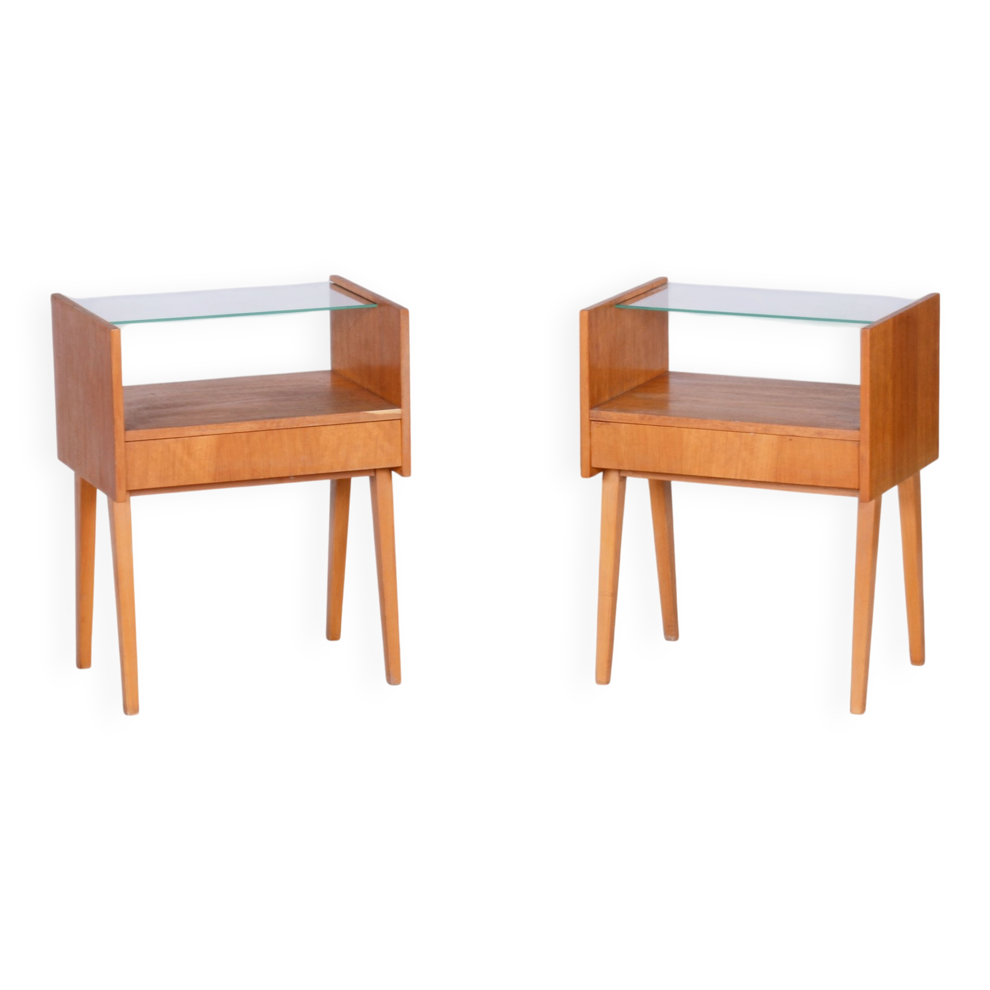 Mid-Century Modern Bedside Tables in Oak and Glass, 1950s, Set of 2