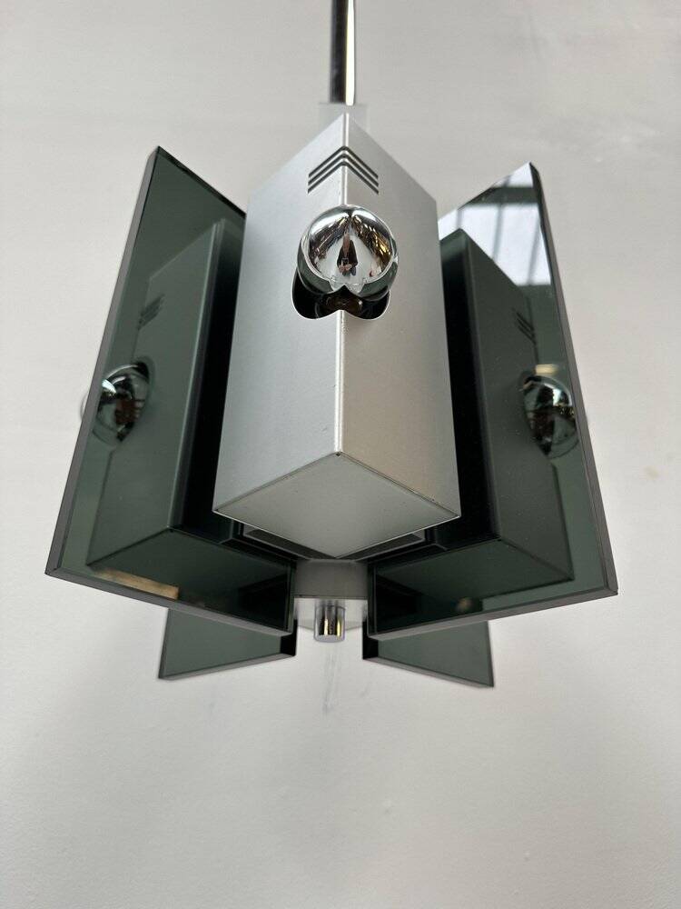 Lampe suspendue vintage en verre fumé et aluminium italien, années 1970