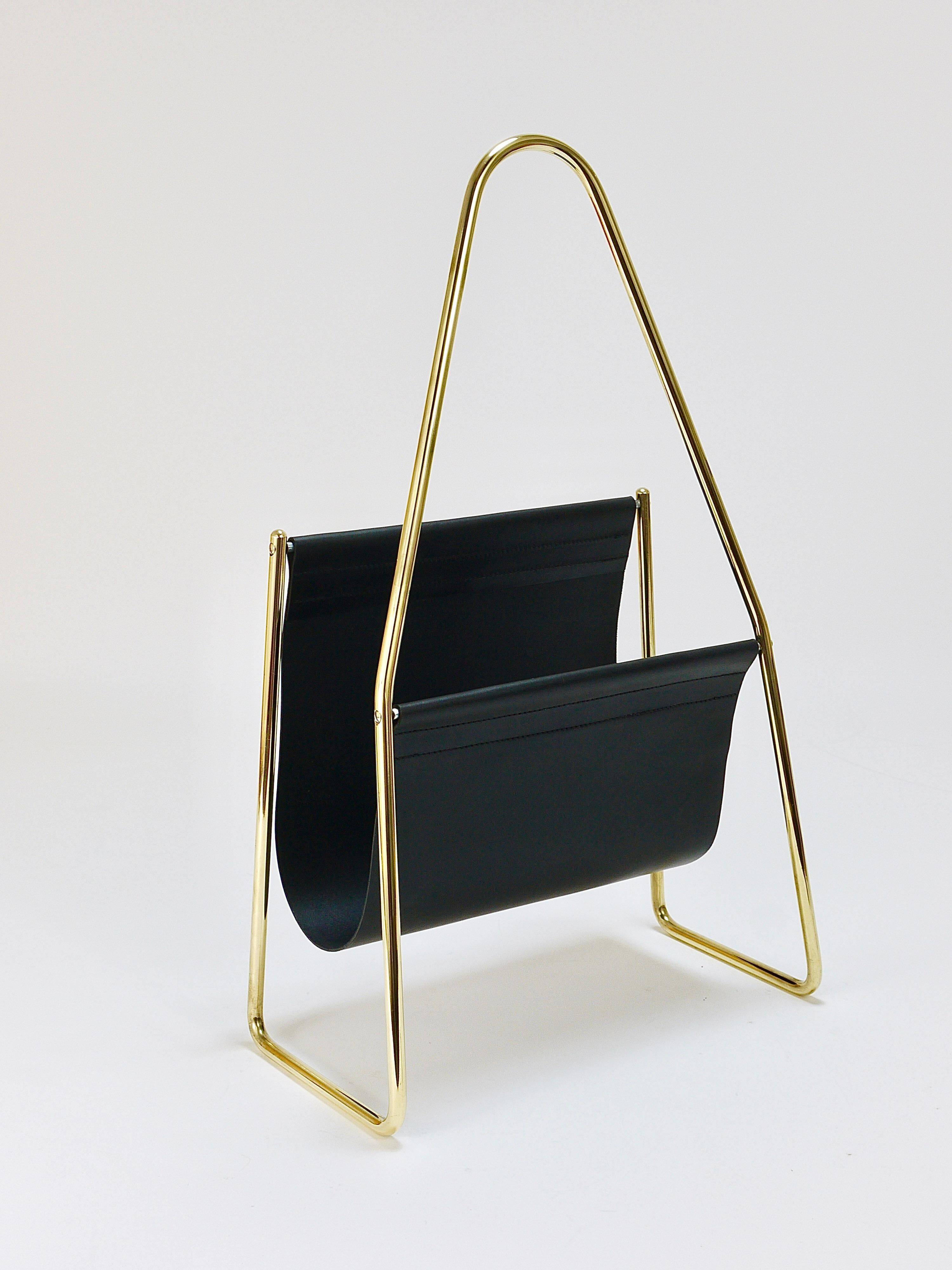 Carl Auböck II Midcentury magazine rack, brass and black leather, vintage, Austria