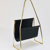 Carl Auböck II Midcentury magazine rack, brass and black leather, vintage, Austria
