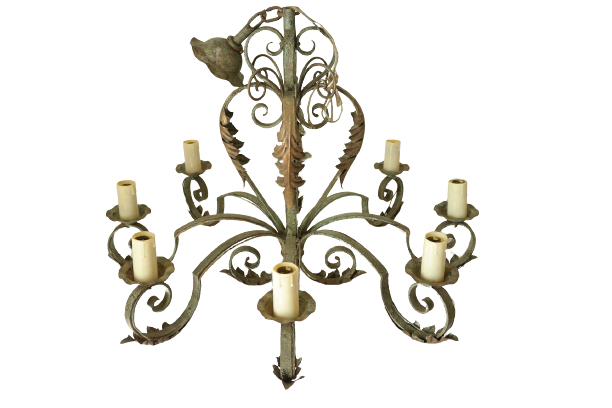 Lustre with 8 branches in wrought iron, grey-green patina and antique gilding.