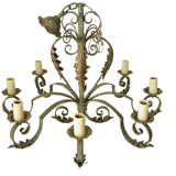 8-branch wrought iron chandelier with gray-green patina and antique gilding