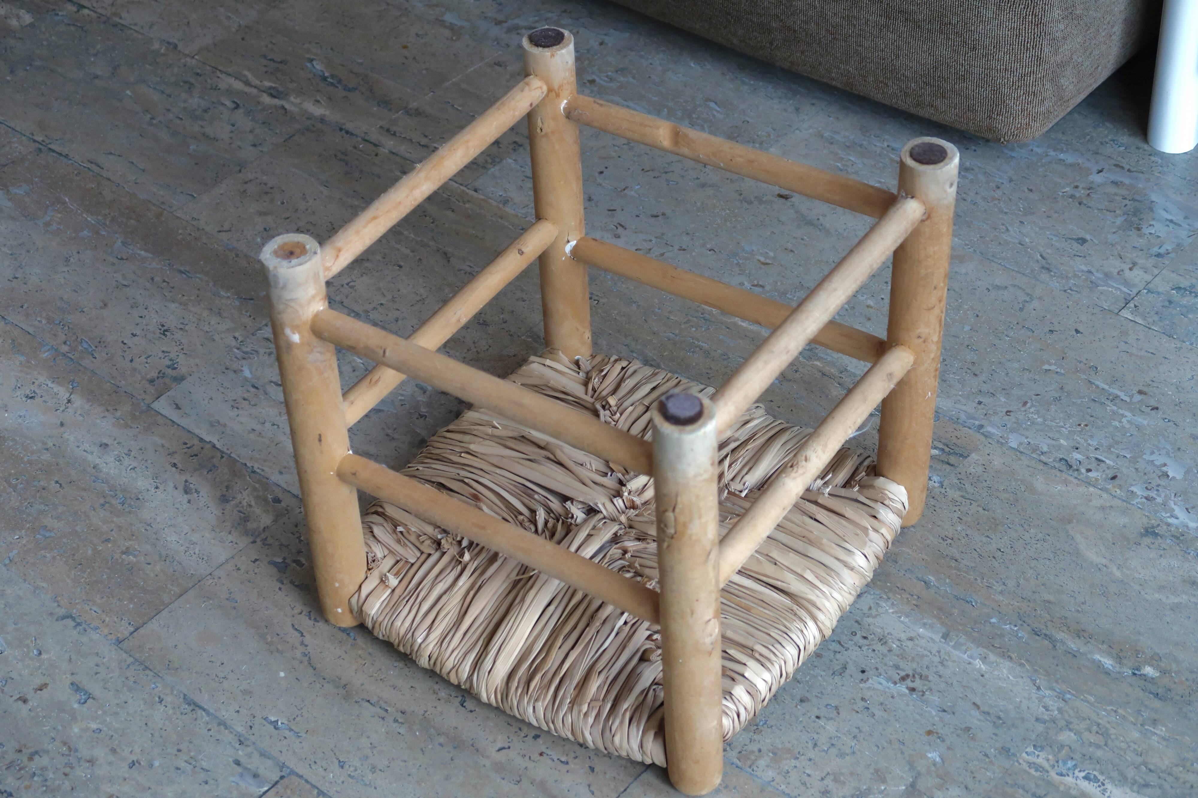 Low wooden straw stool, 1950s