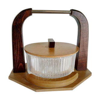 Art deco style cookie pot made of wood metal and glass