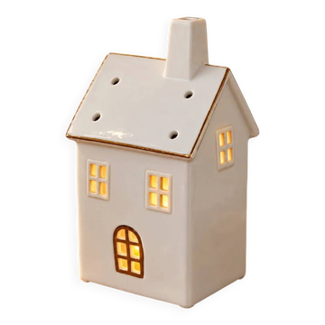 White and gold ceramic house lantern – Christmas light decoration