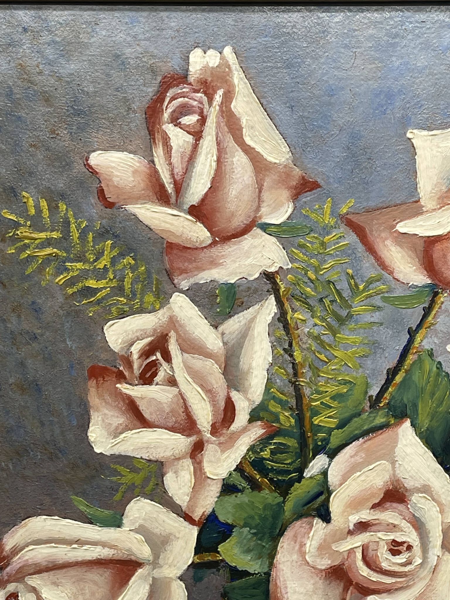 Still life with roses – Signed oil, blue vase, vintage gold frame