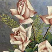 Still life with roses – Signed oil, blue vase, vintage gold frame