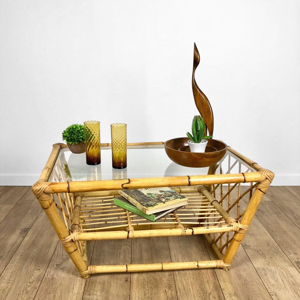 Rattan coffee table and vintage glass