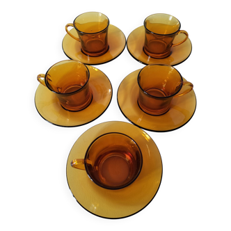 5 vintage amber Duralex cups and saucers