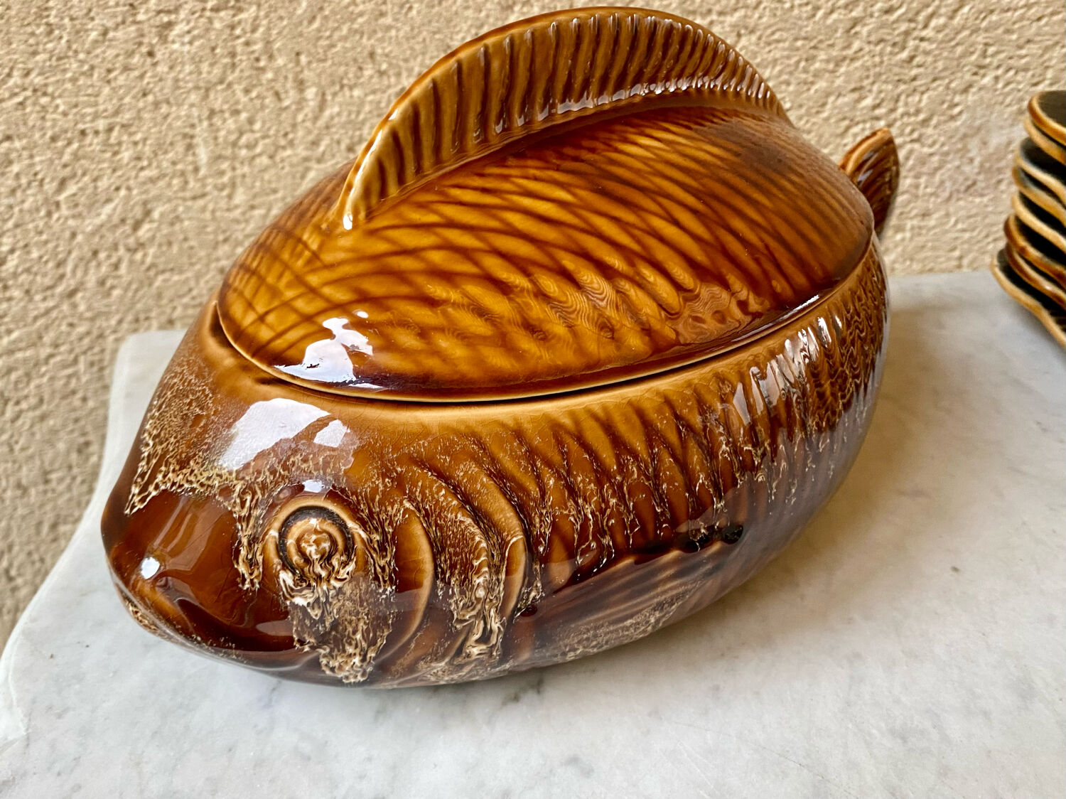 Fish service 8 plates and ceramic soup slurry Sarreguemines vintage 60