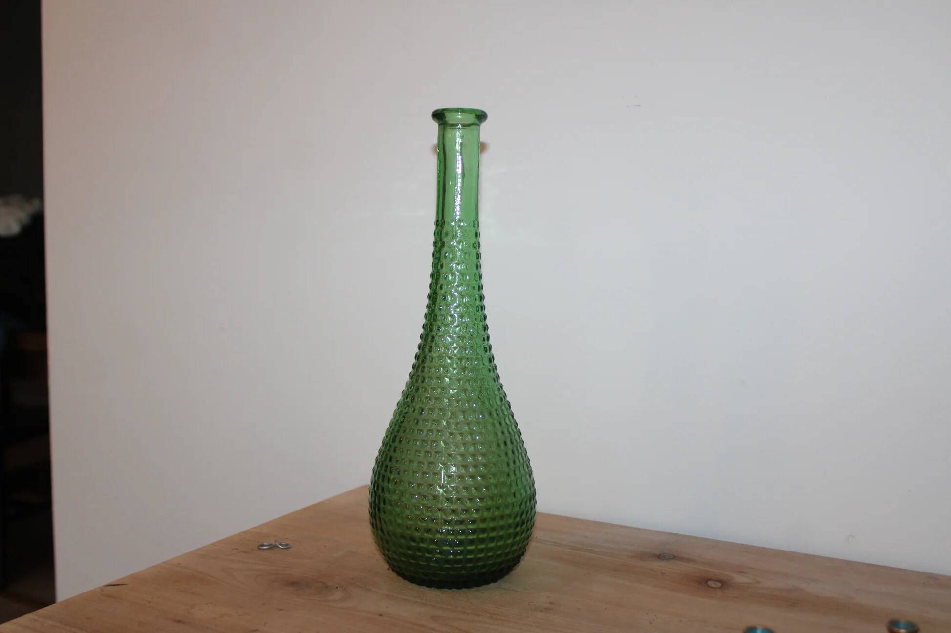 Vintage green glass bottle vase with geometric relief – H 33 cm