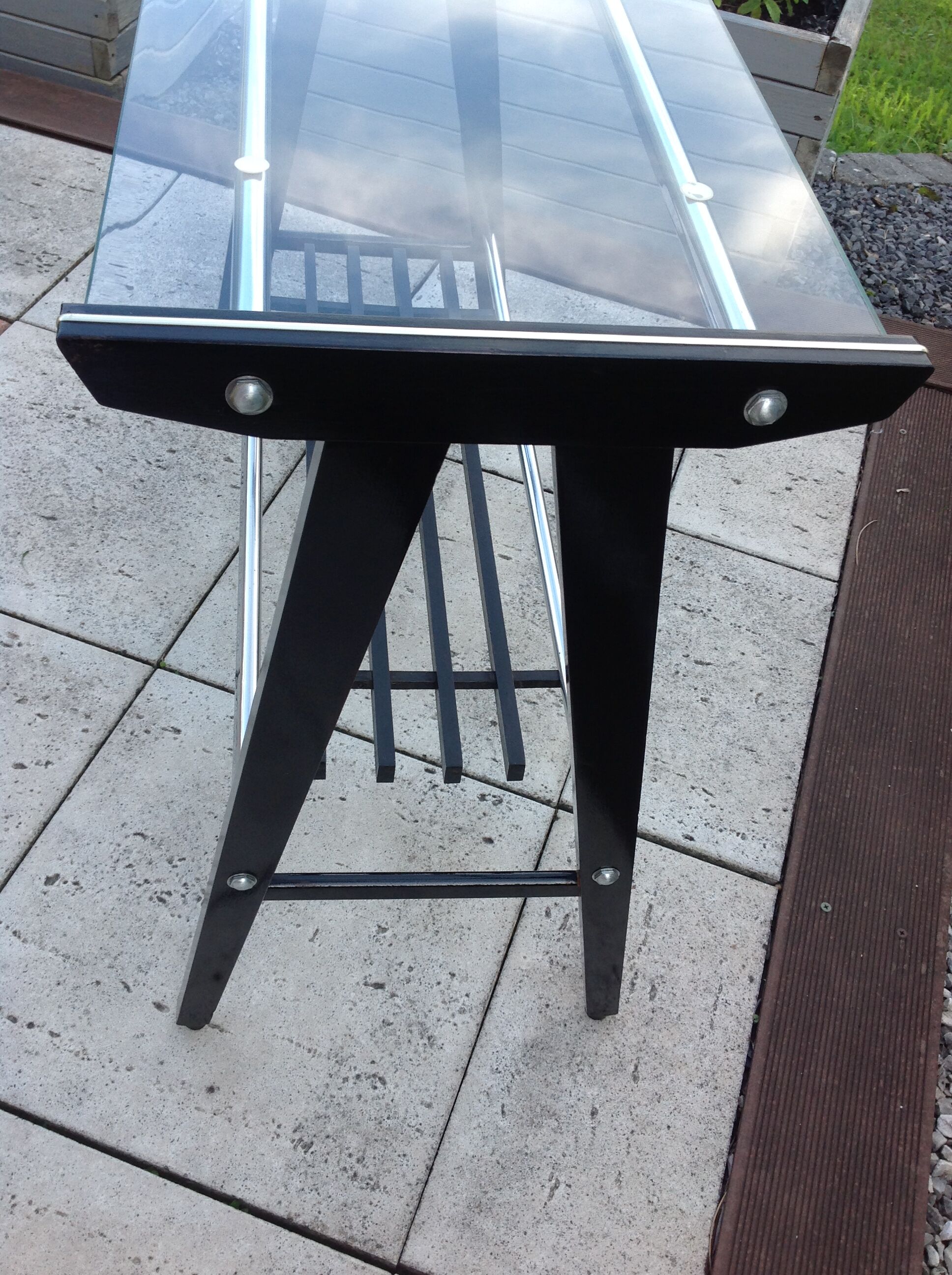 Console in black lacquered wood and chromed metal / vintage 60s-70s